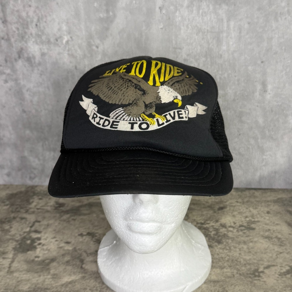 VTG Live To Ride Ride To Live Trucker Hat OS Black Biker 80s Eagle Motorcycles